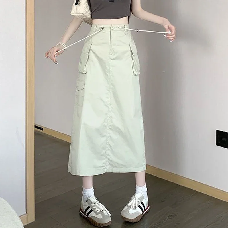Vintage Solid Cargo Maxi Skirts Women Streetwear Fashion Pockets High Waist Skirt Woman 2024 Chic Drawstring Long Falda Mujer