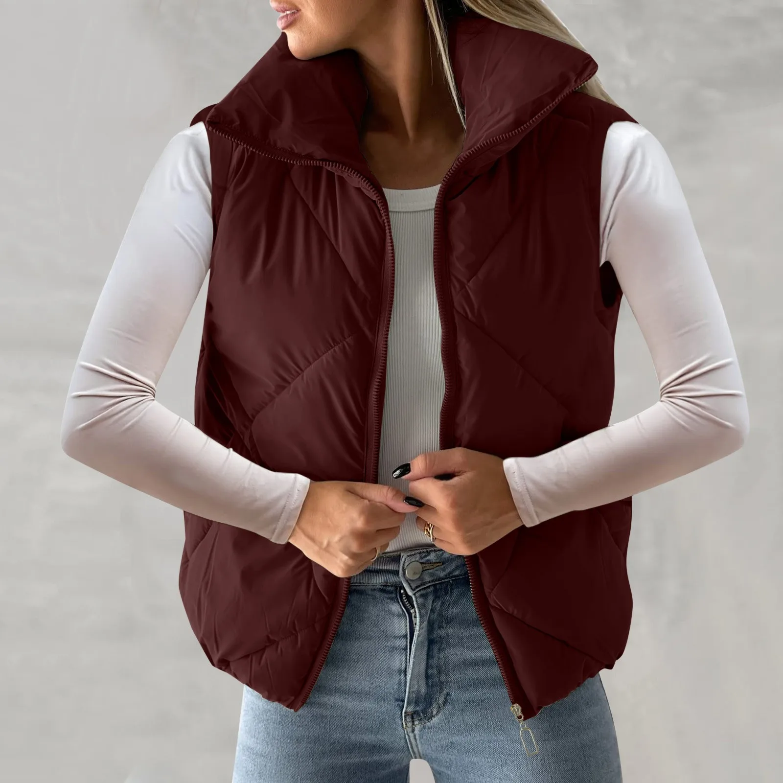 Women Zipper Long Sleeve Quilted Vest Jacket Stand Collar Short Bubble Vest Coats Solid Color Winter Warm Outwear Coats