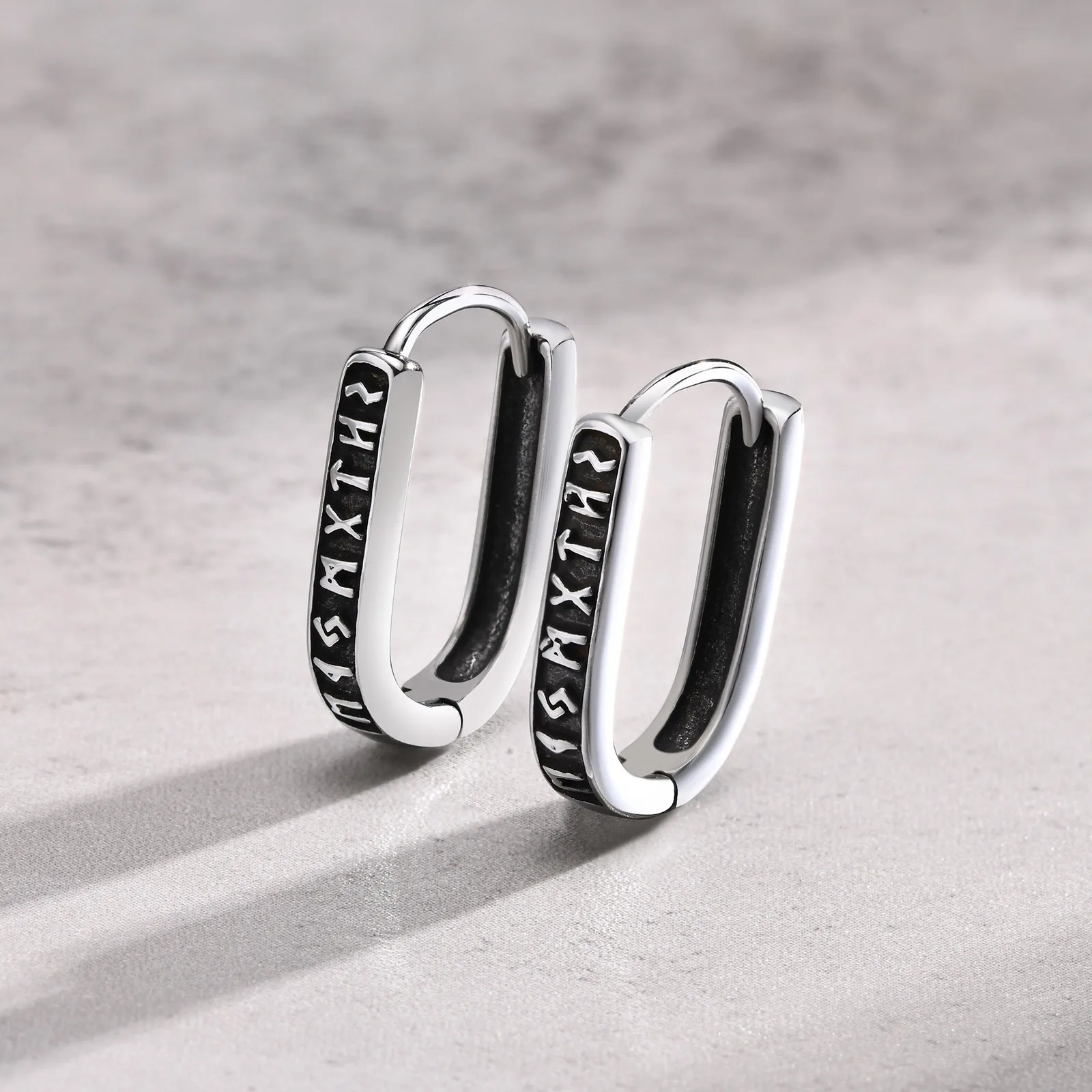 Vnox Viking Runes U Style Earrings for Men, Vintage Silver Color Stainless Steel Hoop Huggie Earrings,Gifts for Him Jewelry