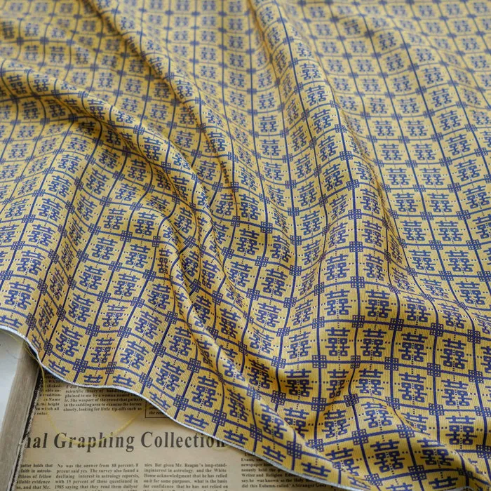 

0.5meters Gold Navy Double Happiness Jacquard Fabric - Chinese Style Textile for DIY Fashion & Decor