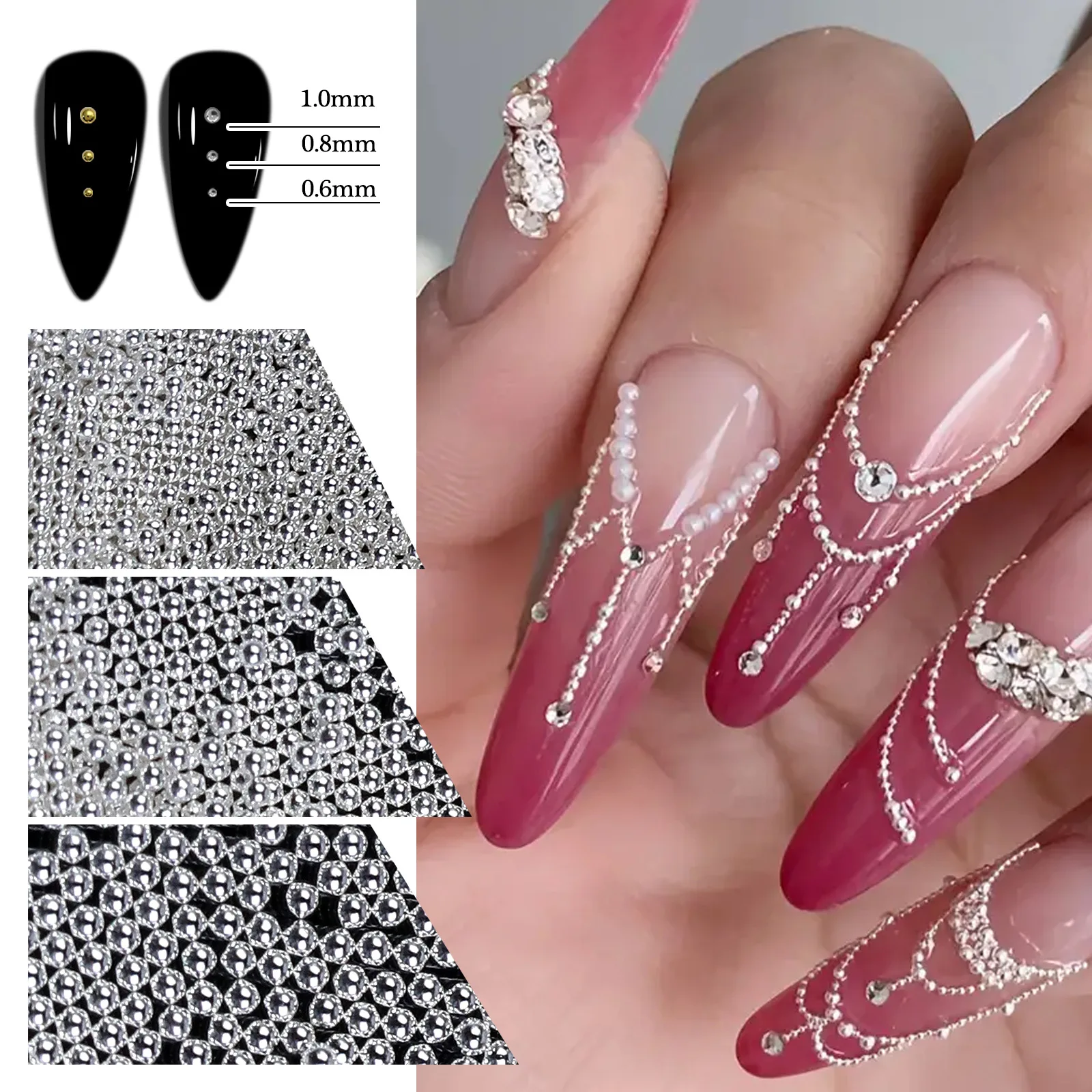 0.6/0.8/1 mm 3D Micro Metal Beads Nail Rivet Caviar Beads Gold/Silver diy Chain Nail Charms Pearls Nail Decorations Accessories