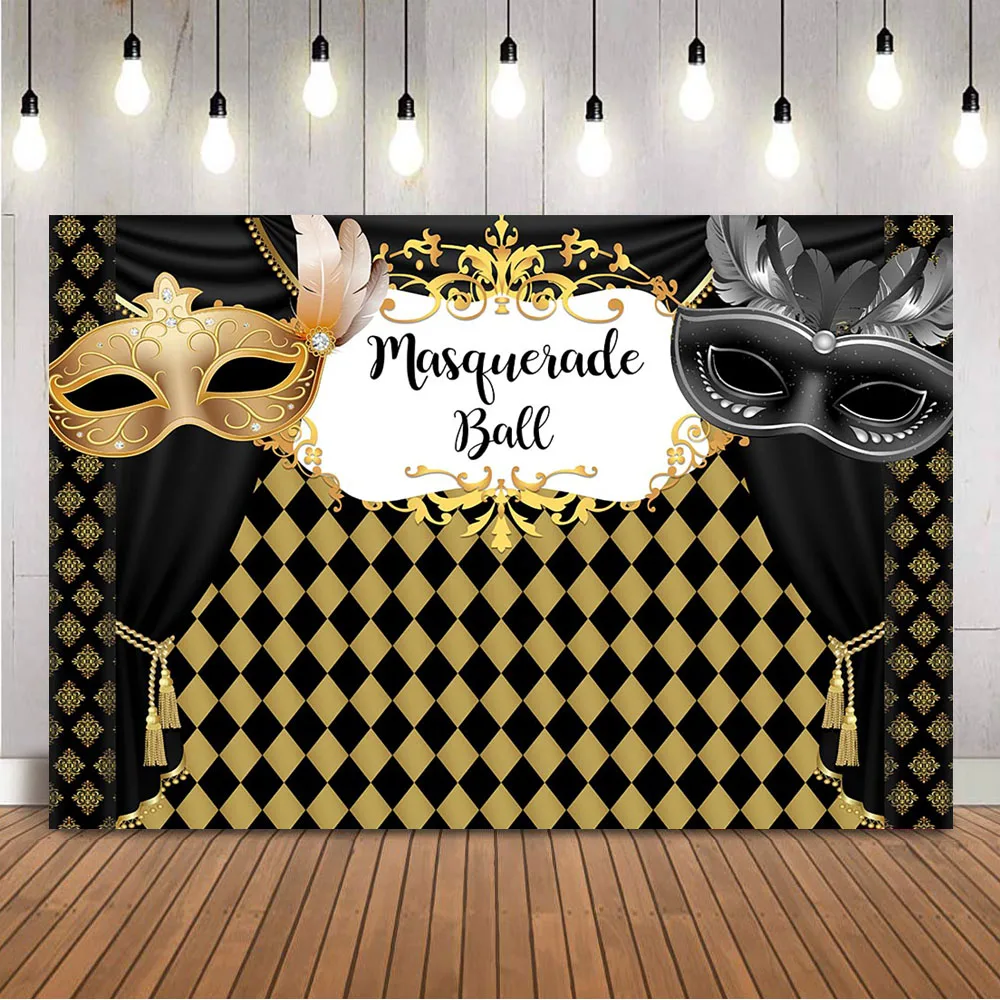 

Masquerade Ball Dance Party Backdrop for Party Decorations Black and Gold Masks Photo Background Dress-up Photo Booth Photocall