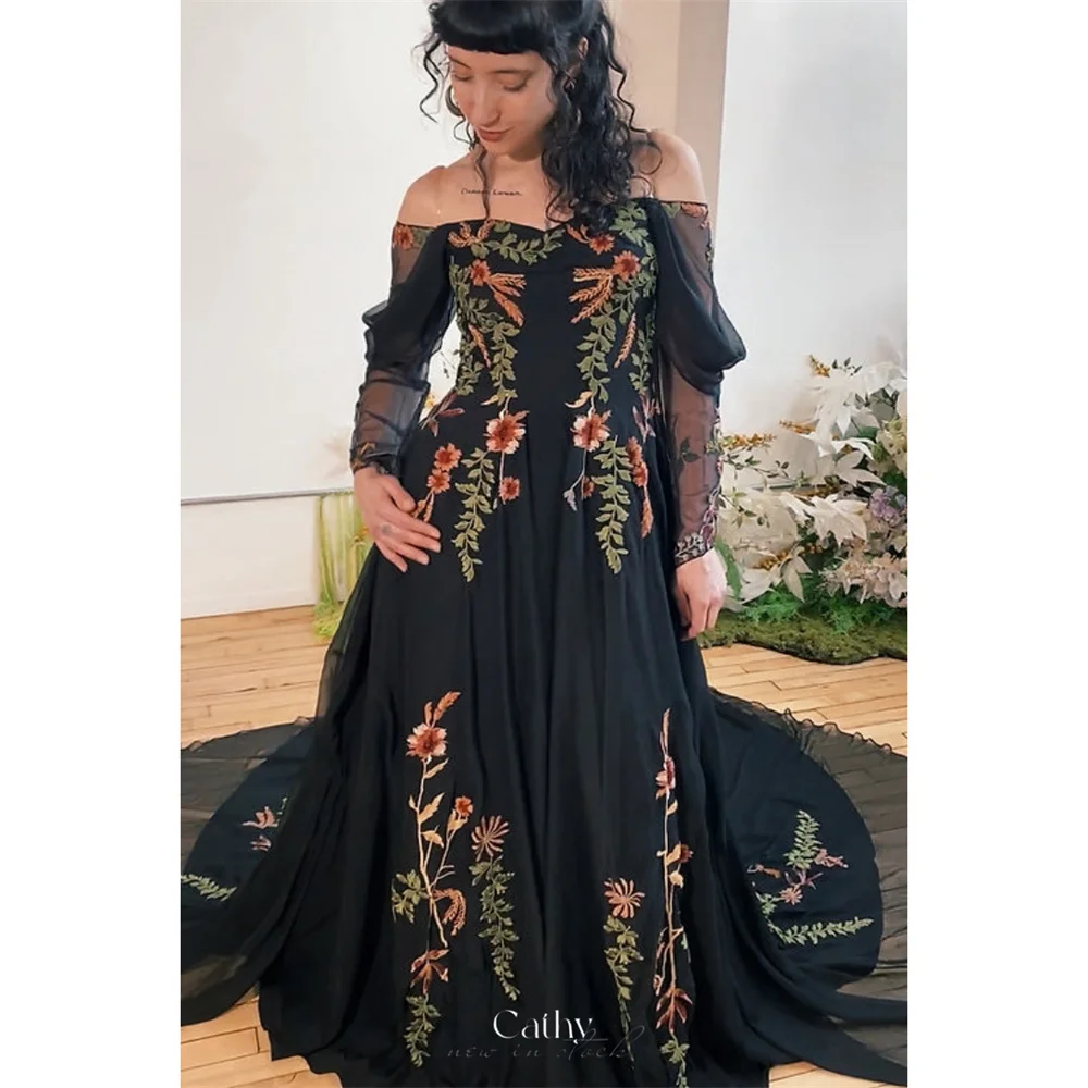 

Cathy Customized Black Off Shoulder Embroidery Prom Dresses Long Sleeve Elegant vestidos de noiva Court Train Evening Dress 2025