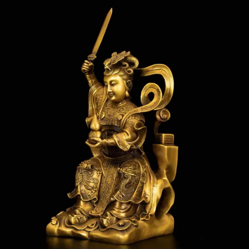 Brass Nine Heavens Xuanwu Empress Goddess Ornament Holy Mother Standing Peacock Platform Holding Sword Sitting Statue Fai