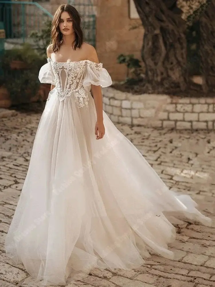 Rendas a linha fora do ombro vestidos de noiva, vestido com glitter tule, esfregando comprimento, vestidos de casamento sexy, novo, 2024