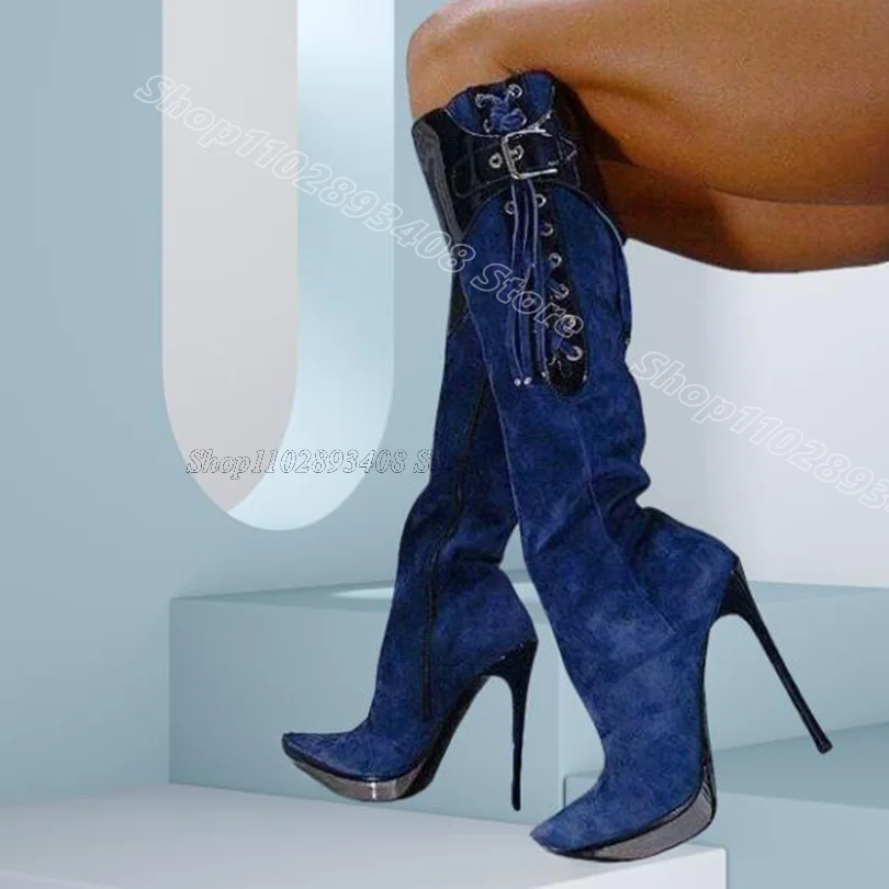 

Blue Persoanlity Platform Flock Boots Pointed Toe British Style Stylish Spring Women Party Knee Boots 2025 Zapatos Para Mujere