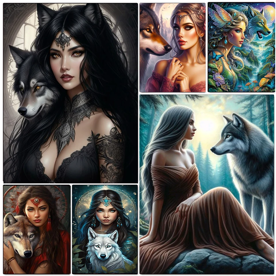 

DIY Diamond Painting Woman And Wolf Full Square Round Diamond Embroidery Set Mosaic Art Picture Mural Home Decoration Gift