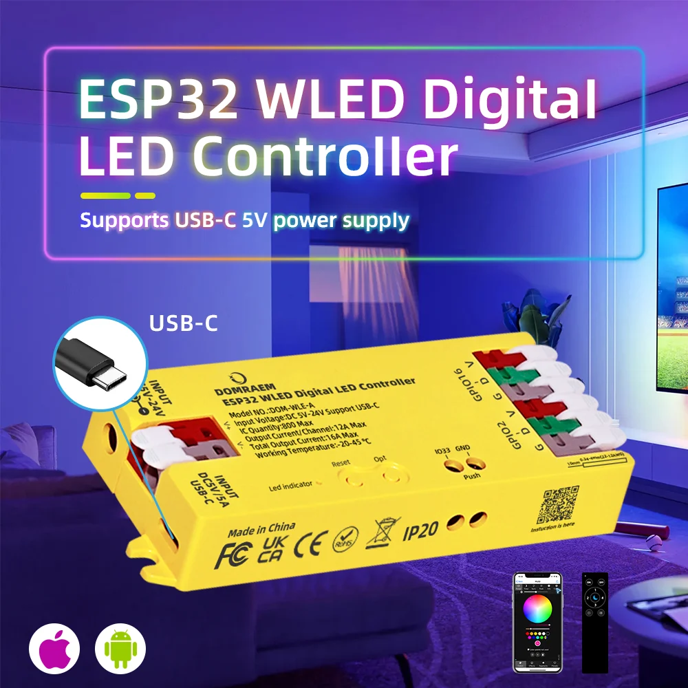 

DOMRAEM ESP32 WLED USB-C Addressable LED Controller ~0.5W Standby for WS2811/14/05 DIY Projects, MQTT Alexa Smart Home Control