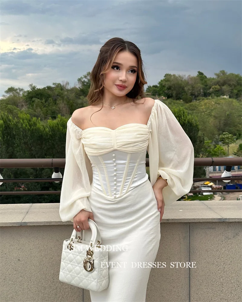 LISM เจียมเนื้อเจียมตัวงาช้าง Mermaid ซาอุดีอาระเบียผู้หญิงชุดราตรี SWEETHEART พัฟแขนยาวปิดไหล่ชุดราตรี