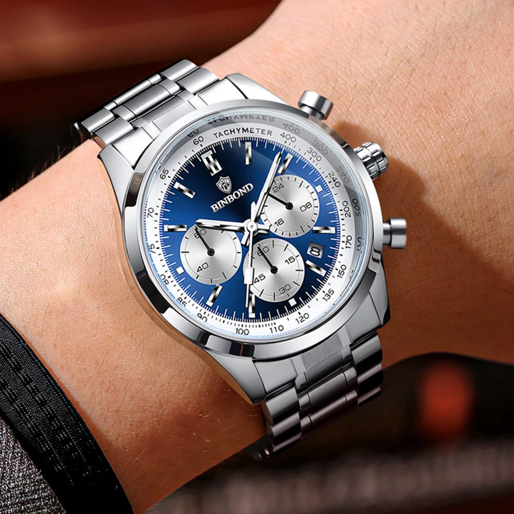 BINBOND Fashion Men's Watches Trend Multifunctional Original Quartz Watch for Man Waterproof Stainless Steel Chronograph Watch
