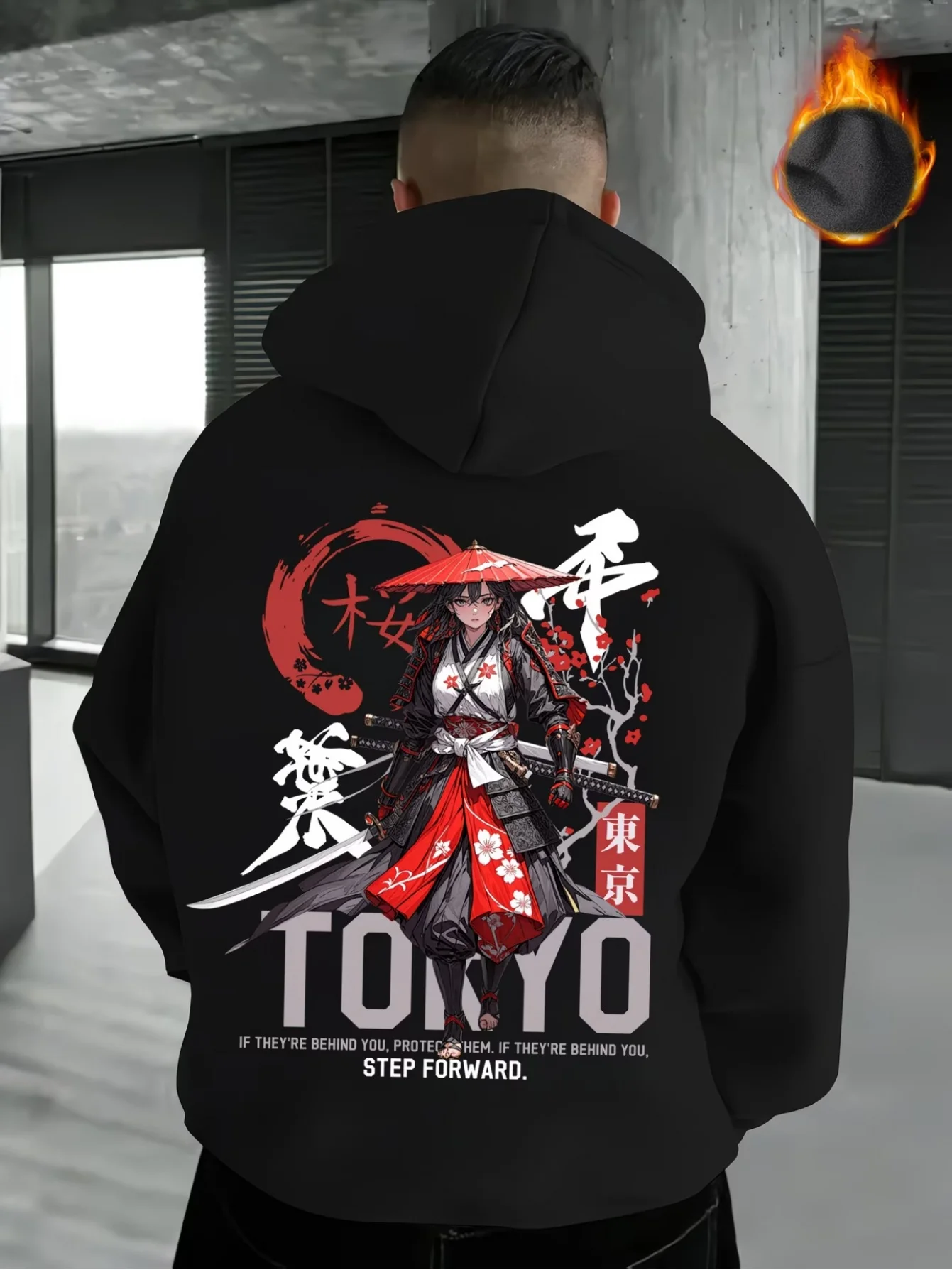 Tokyo Street Animation Samurai Printed Men Hooded Sweatshirt Autumn Winter Daily Outdoor Sports Loose Leisure Warm Street Style