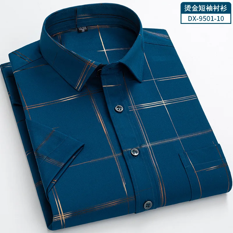 Meia manga camisa masculina xadrez bronzeamento estiramento anti-rugas casual masculino social formal camisas de manga curta para roupas masculinas