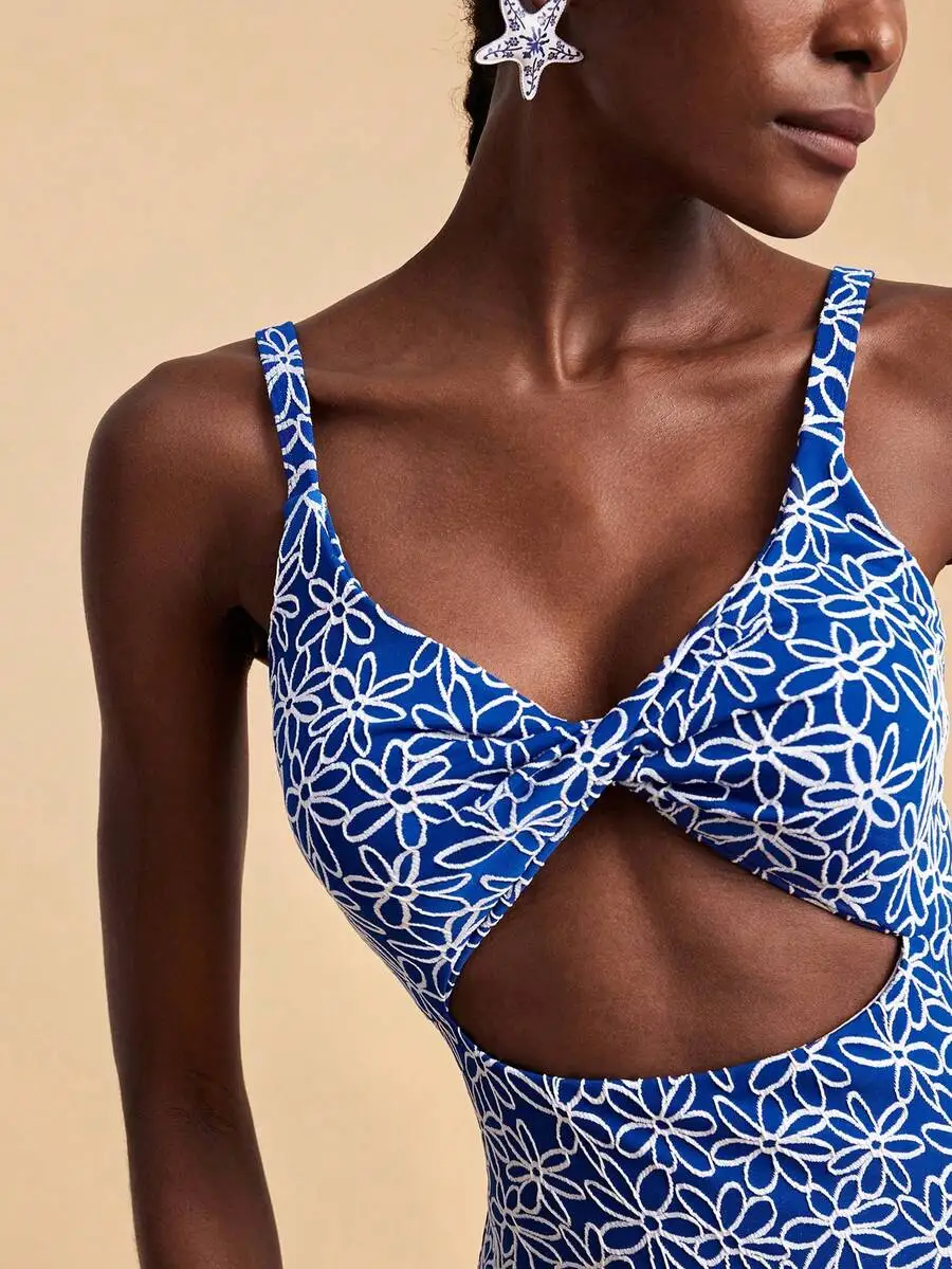 

Womens Floral Print Twist Waist Hollow One-Piece Swimsuit For Beach Vacation