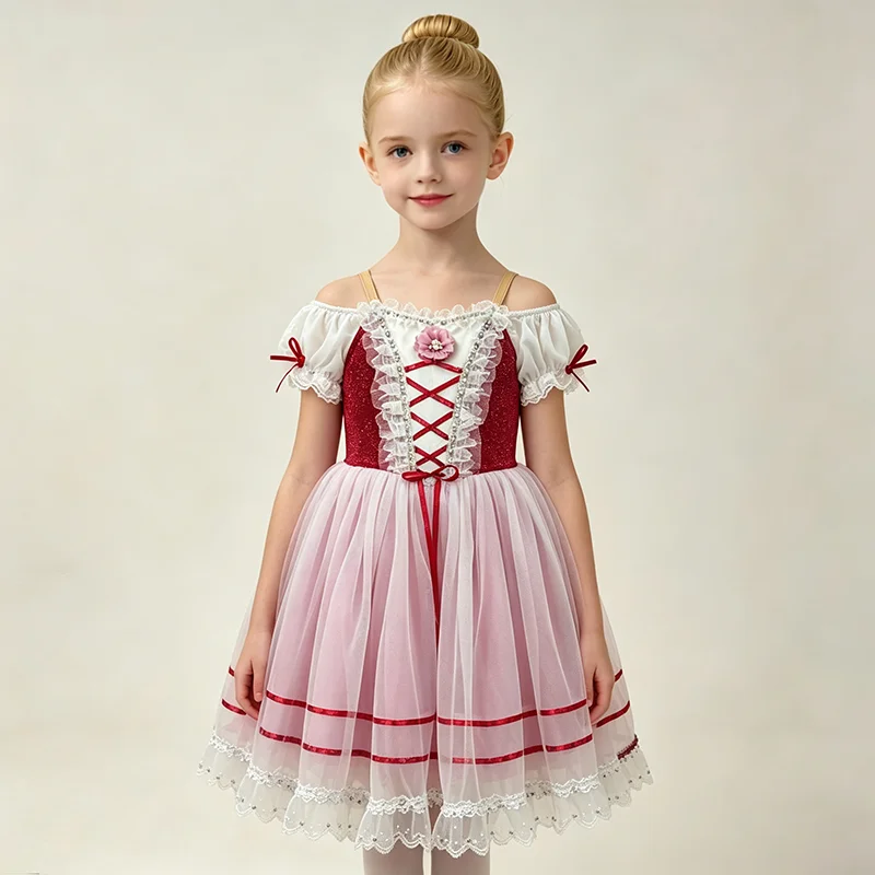 Kids red pink contrast off shoulder lace flutter sleeve lace-up flower bow ballet tutu red striped lace dance dress for children