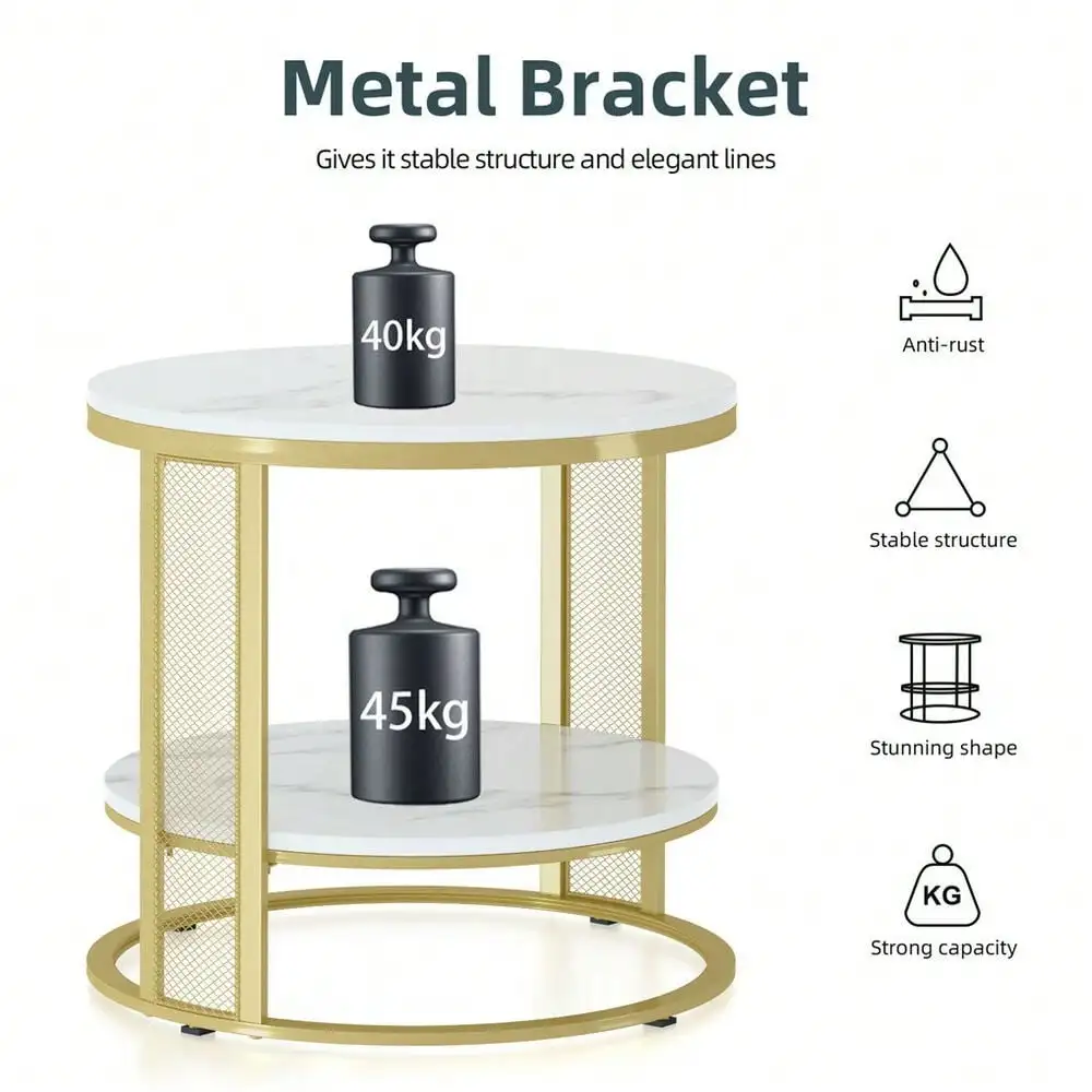 Белый мраморный боковой столик, круглый кофейный акцентный столик, тумбочка, золотая железная рама