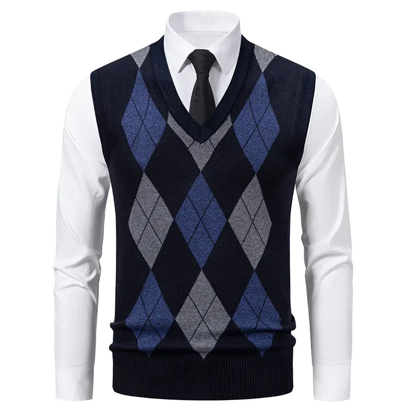6-Farbige Herren-Strickweste, Lässiger Ärmelloser Pullover mit V-Ausschnitt, Strickstoff, Business-Casual Bürokleidung für Männer – Detail 2