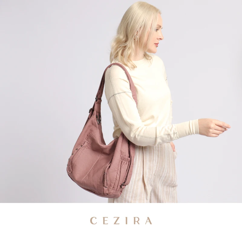 CEZIRA Soft Washed PU Vegan Leather Backpack Women Large Casual Multi Pockets Shoulder Bags Fashion Functional Knapsack Travel