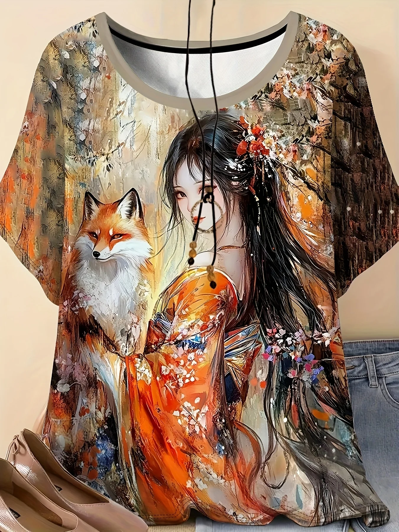 Women Crew Neck Short Sleeve T‑Shirt, Oriental Ancient Style Beauty With Red Fox Art Graphic Casual Tee