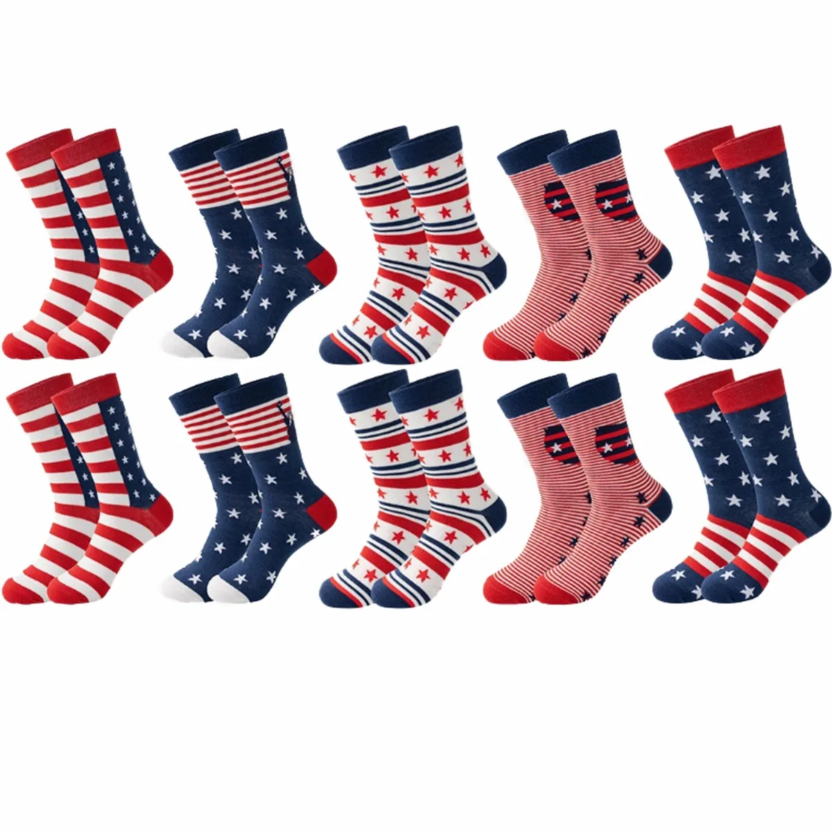 

10 Pairs 4th of July Independence Day Crew Socks, Patriotic Red White Blue Stars & Stripes Socks, Unisex Fashion Socks, American Holiday Party Gift Socks for Men Women