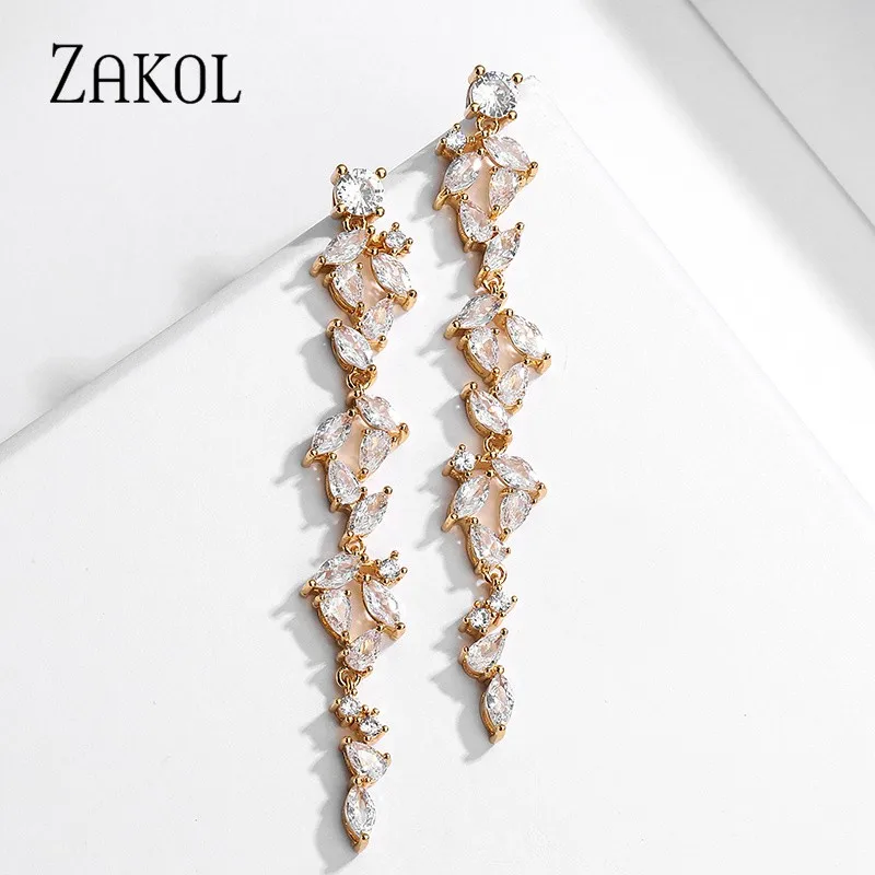 

ZAKOL Luxury AAA Cubic Zirconia Long Drop Earrings for Women Exquisite Geometry Bridesmaid Earring Wedding Jewelry