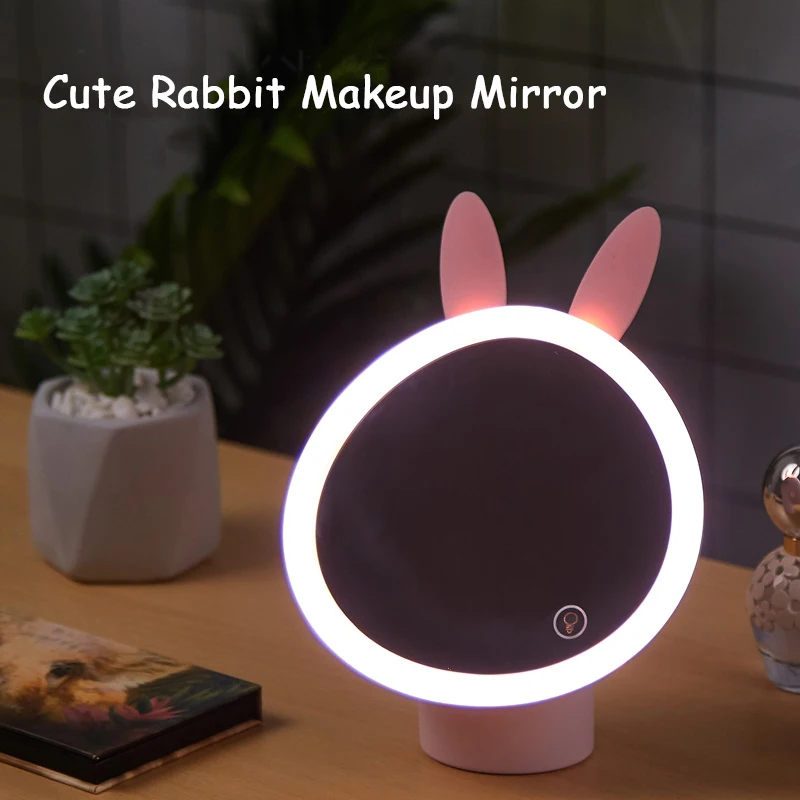 Colorful Life Cute Rabbit Makeup Mirror with Lamp LED Fill Light Touch Screen Three Color Regulation Holiday Gift