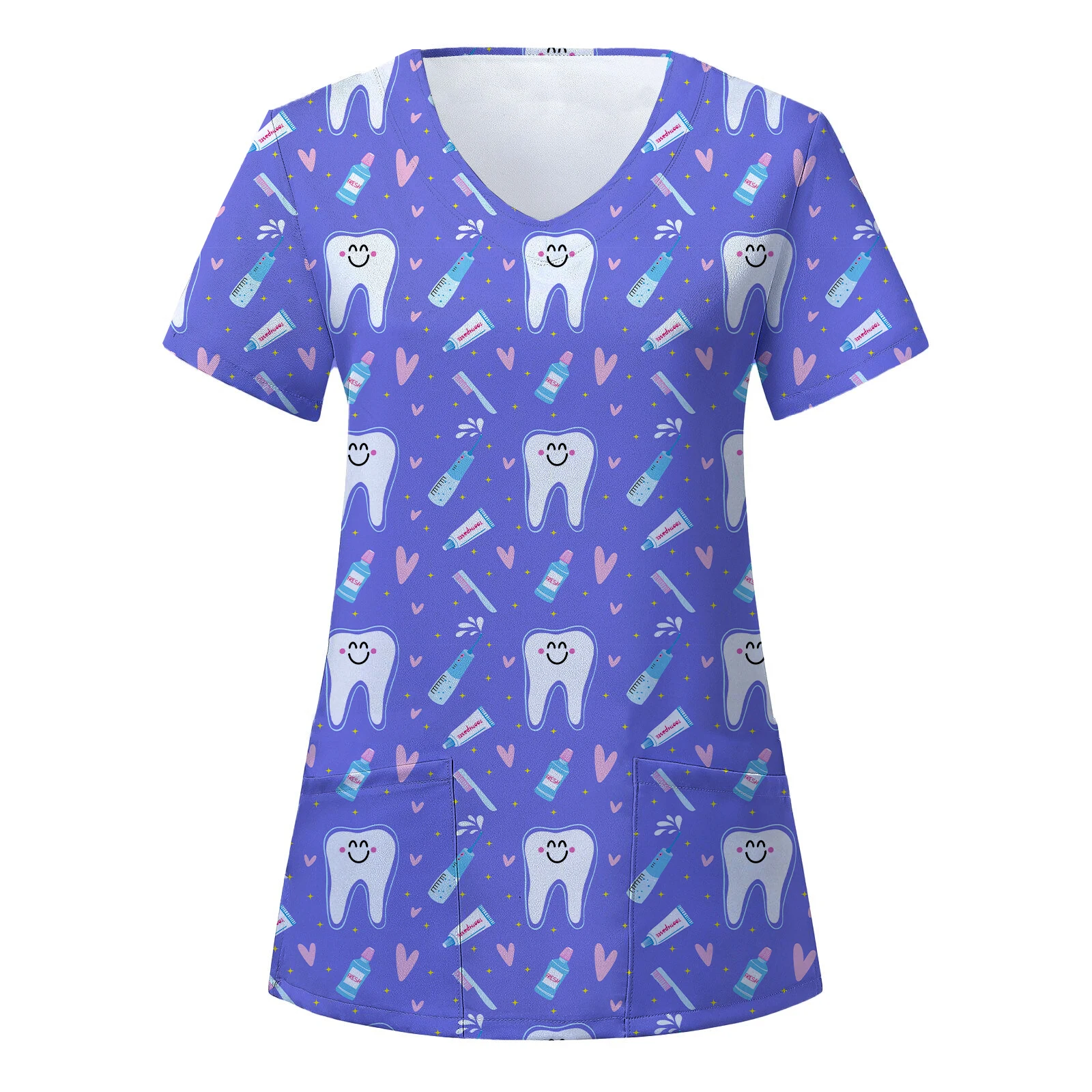 Heart Print V Neck Scrub Top T-shirt, Casual Short Sleeve Patch Pockets Women's Medical Nurse Uniform, Women's Work Wear