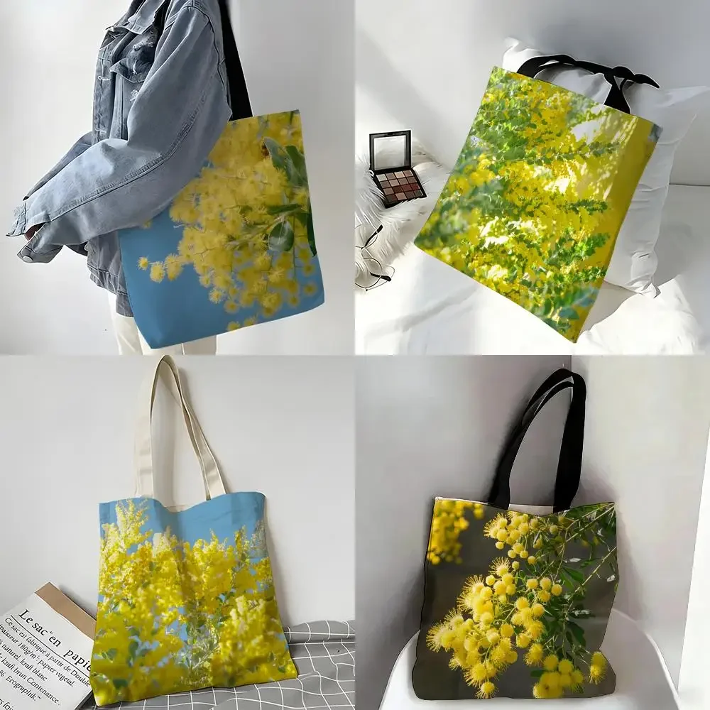 Storage Bags Canvas Tote Bag - Large Capacity Handbag For Picnic Travel Shopping Beautiful Spring Prints Acacia Pycnantha