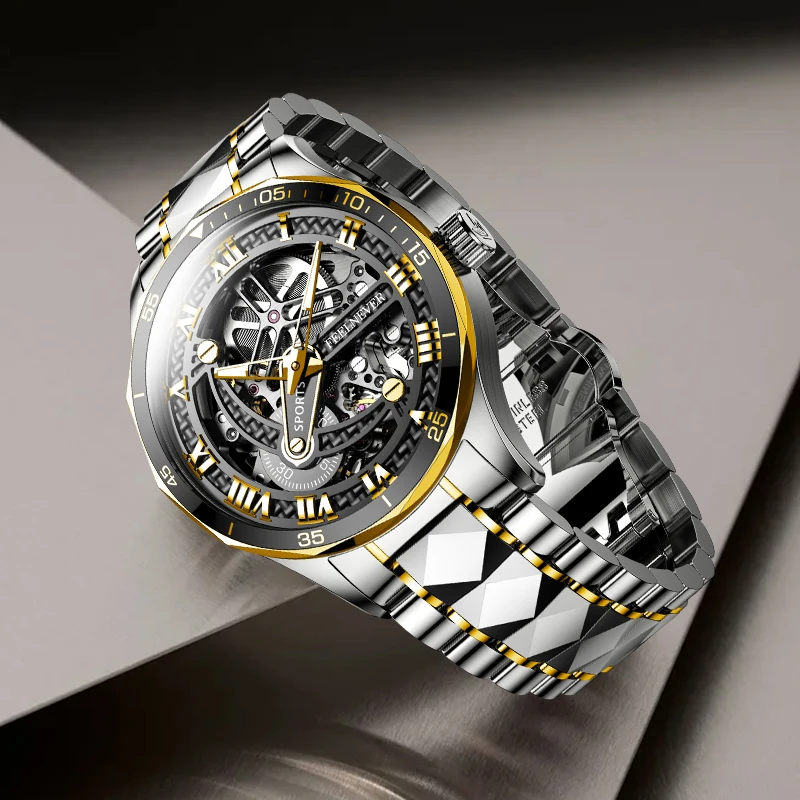FeelNever Original Design Luxury Automatic Man Watch Hollow Out Business Stainless Steel Band Waterproof Mechanical Watches Male view 3