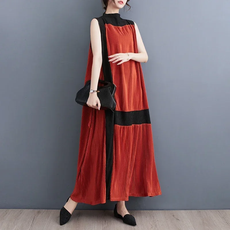 Conspicuousness Unique Fashion Stylish Pleated Bicolor Color Scheme Sleeveless Dress Tucked Long Summer Chiffon Maxi Dress