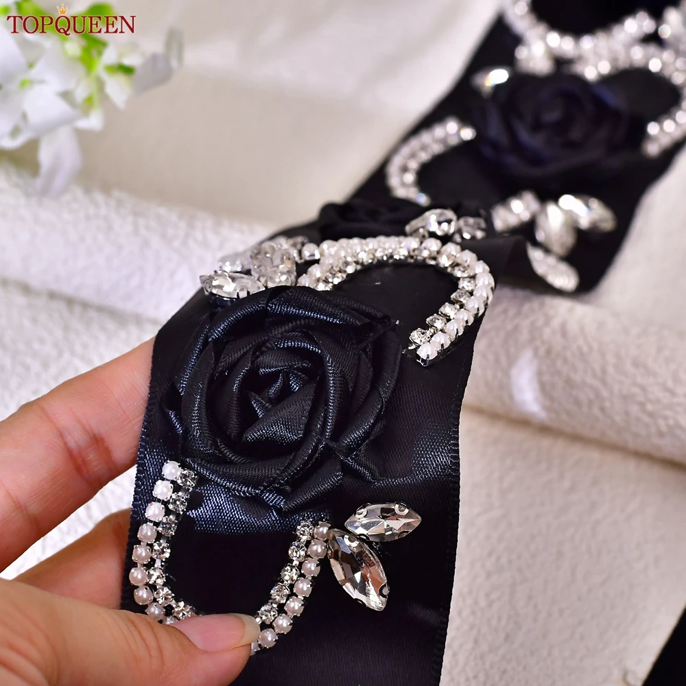Topqueen cinto de cetim preto de 5cm de largura para mulheres, acessórios de casamento, camisa de roupa de festa com strass de halloween s286