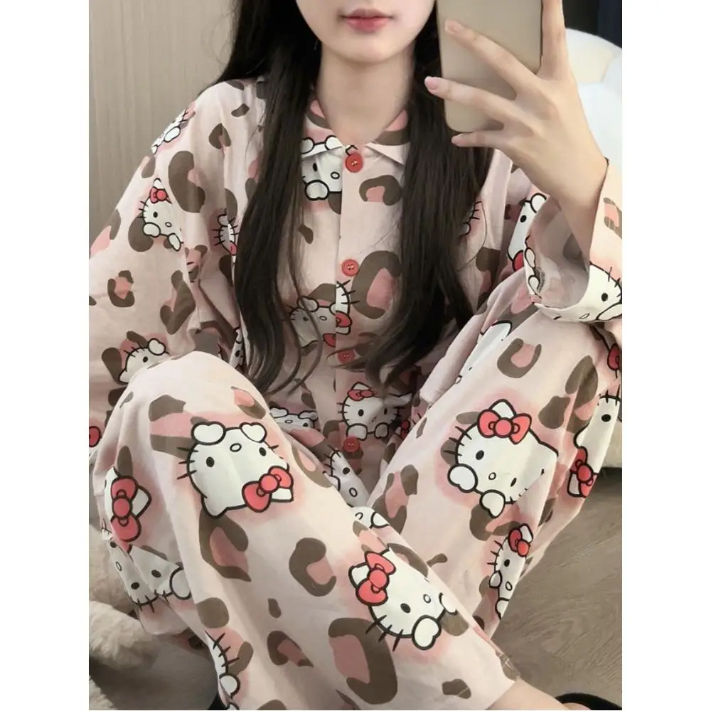 Japanese Cartoon Kt Cat Pajamas Home Clothes Women Spring and Autumn Sweet Cute Girly Wear Outside Long Sleeves Loungewear Set