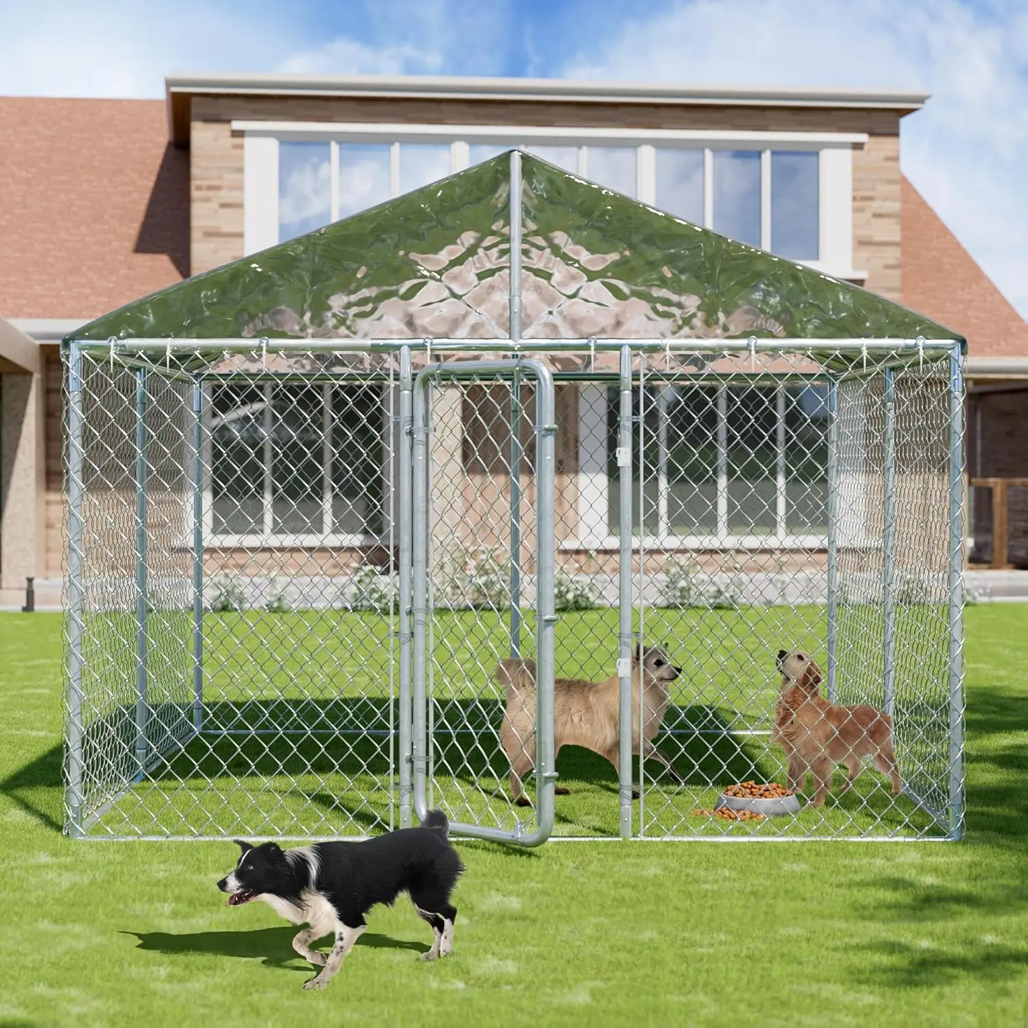 10 FT Large Outdoor Dog Kennel with Roof Heavy Duty Dog Kennel House, Galvanized Chain Link Dog Runs Pet Playpen with Waterproof