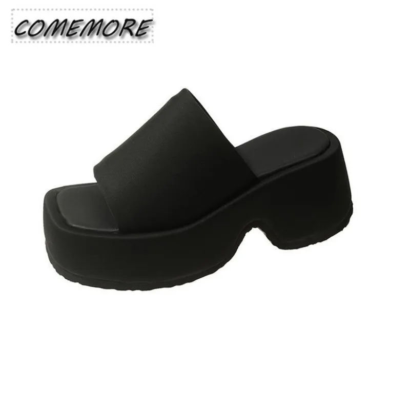 Ladies Slippers Women’s Flip Flops Shoes 2024 New Black Summer Casual Outside Square Toe Slides Female Platform Sandal Footwear