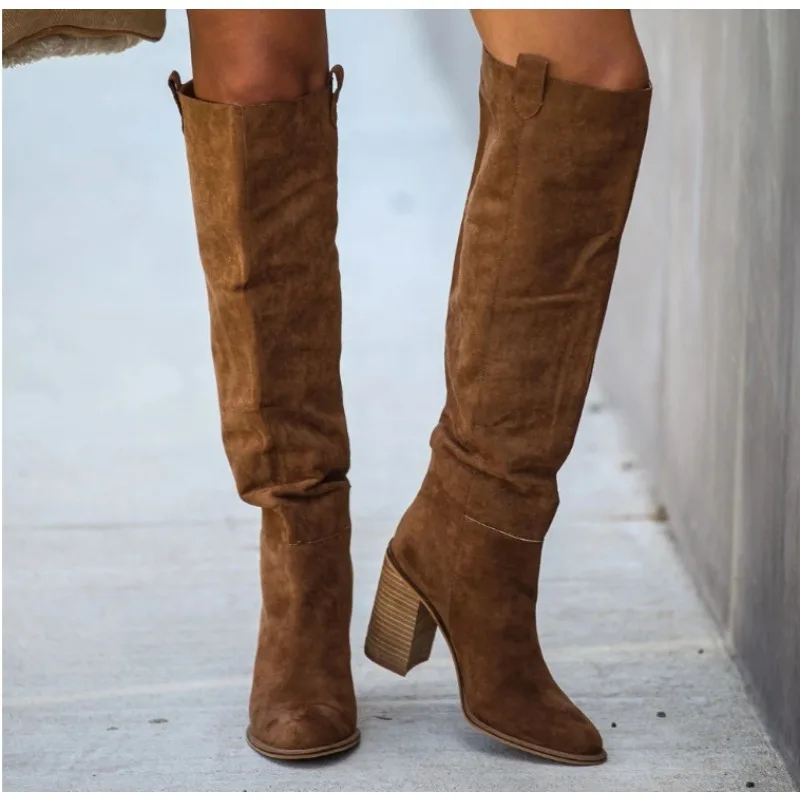 

Осенне-зимние женские модные повседневные винтажные длинные ковбойские сапоги до колена в стиле ретро, длинные сапоги до колена на квадратном каблуке, Botas De Mujer