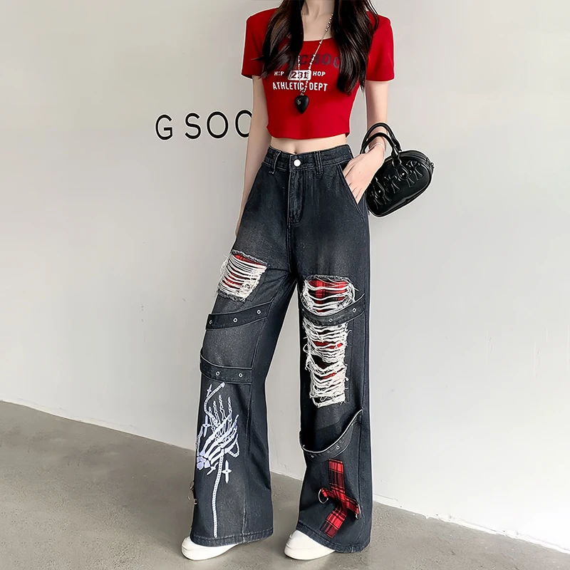 

Джинсы для женщин Y2k, одежда, рваные широкие брюки, винтажные потертые джинсовые брюки в стиле панк, ретро, модные и повседневные