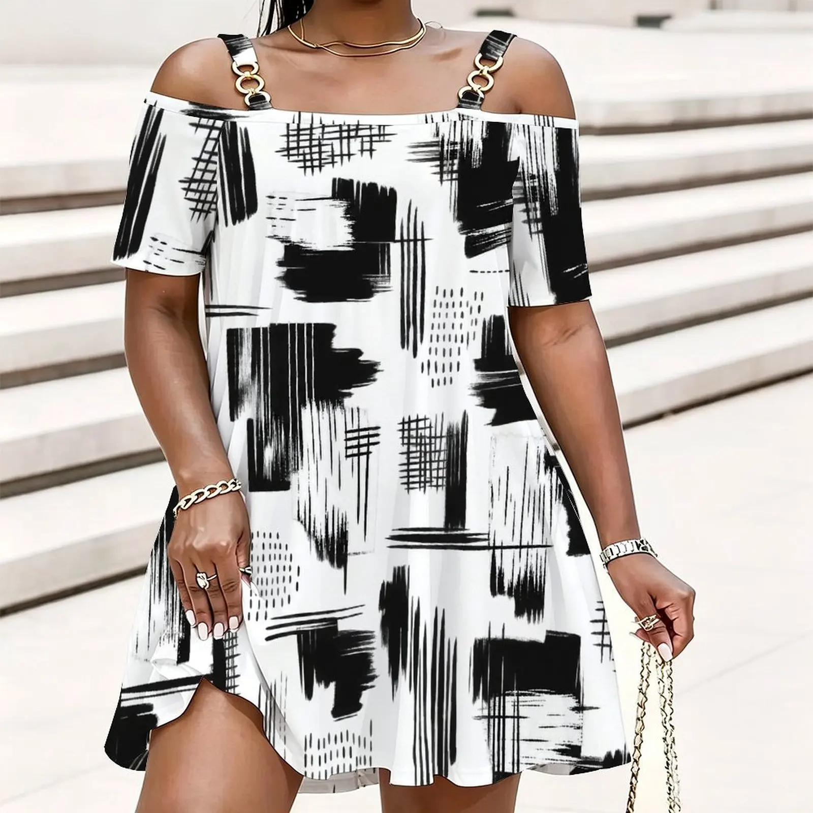 Women Abstract Geometric Floral Leaf Print Cold Shoulder Chain Strap Short Sleeve Loose Longline Dress