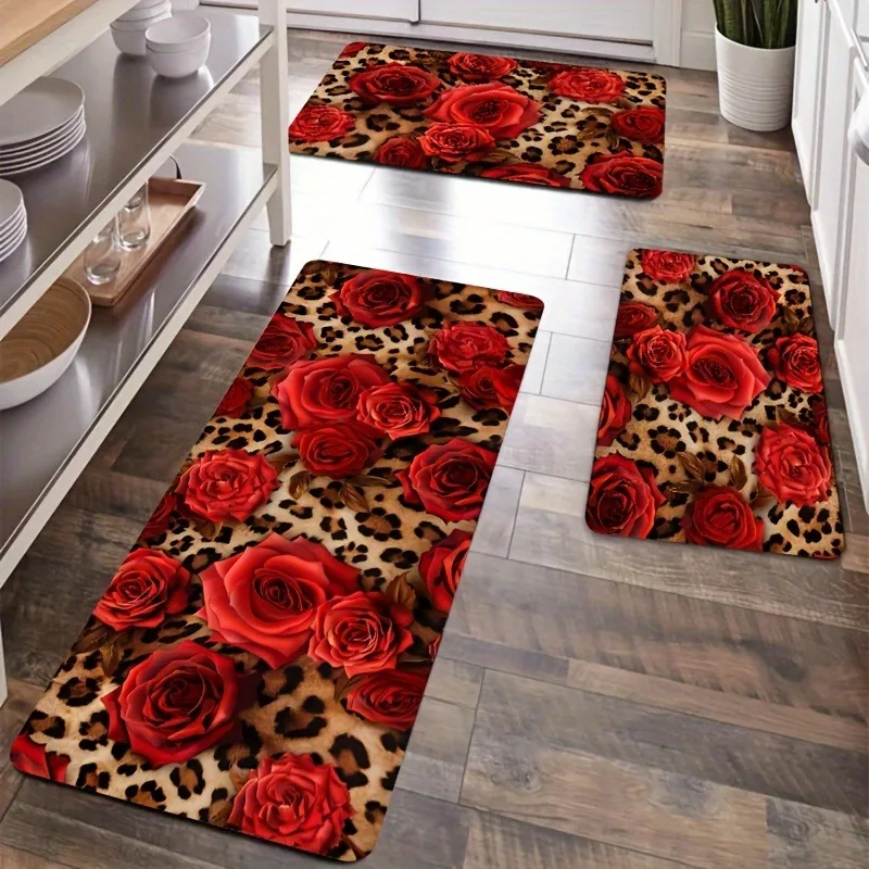 

1PC Rose Pattern Kitchen Rugs Non-Slip Home Door Mats Pop design Bathroom Rugs Bath Mat Carpet for Home Sink Laundry Decor