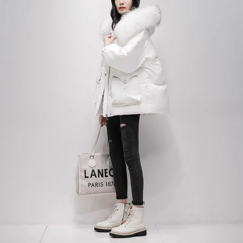 Real fur collar Short Down Jacket Women 2023 Winter New Warm Parkas Fashion Hooded White duck down Coat  Female Loose Overcoat