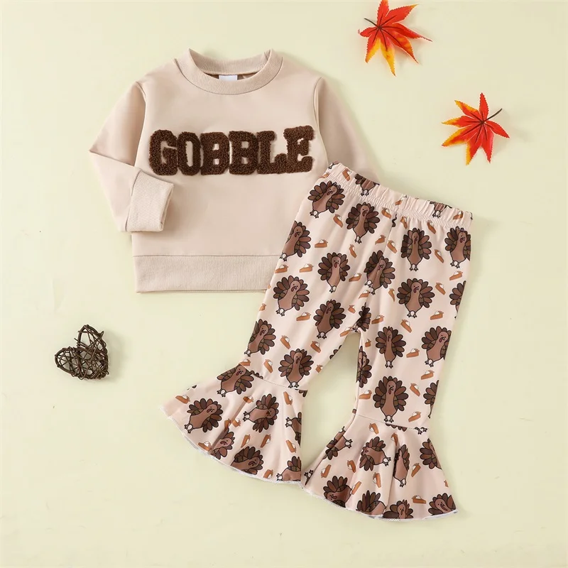 Kleinkind Mädchen Thanksgiving Outfits Brief bestickt Rundhals Langarm Sweatshirts Türkei Print Schlaghosen 2-teiliges Kleidungsset