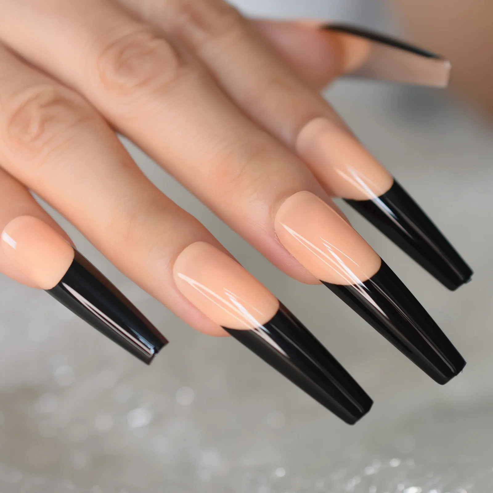 Glossy Black French Press on False Nails Super Long Coffin Ballerina Shape Gel Orange Nude Fingersnails Ballet Clip for Lady