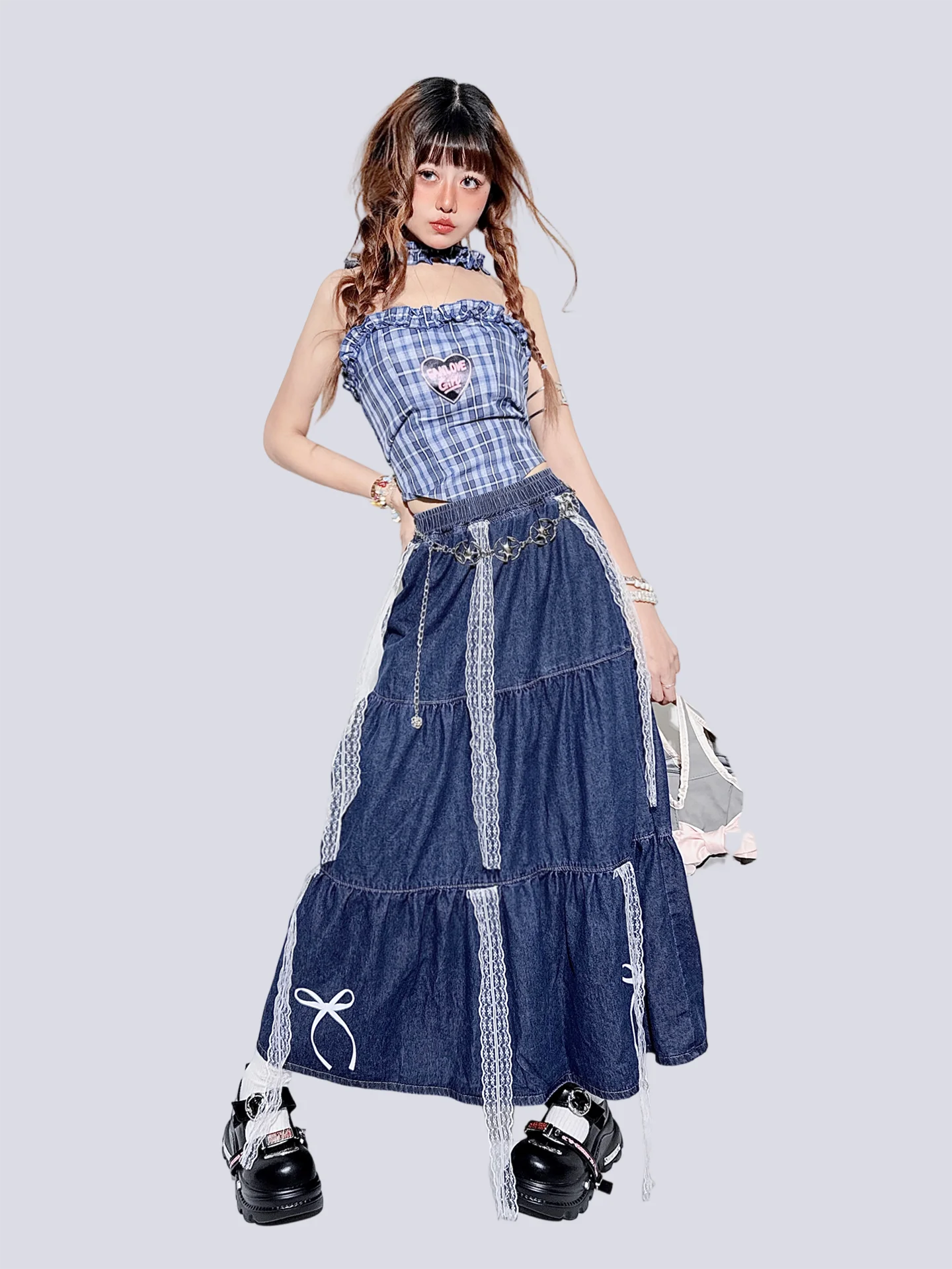 Sweet Bow Retro Denim Can Change Temperament Multi-hour Wear Skirt Japanese Subculture Versatile Skirt Lace Up Lace A-line Skirt