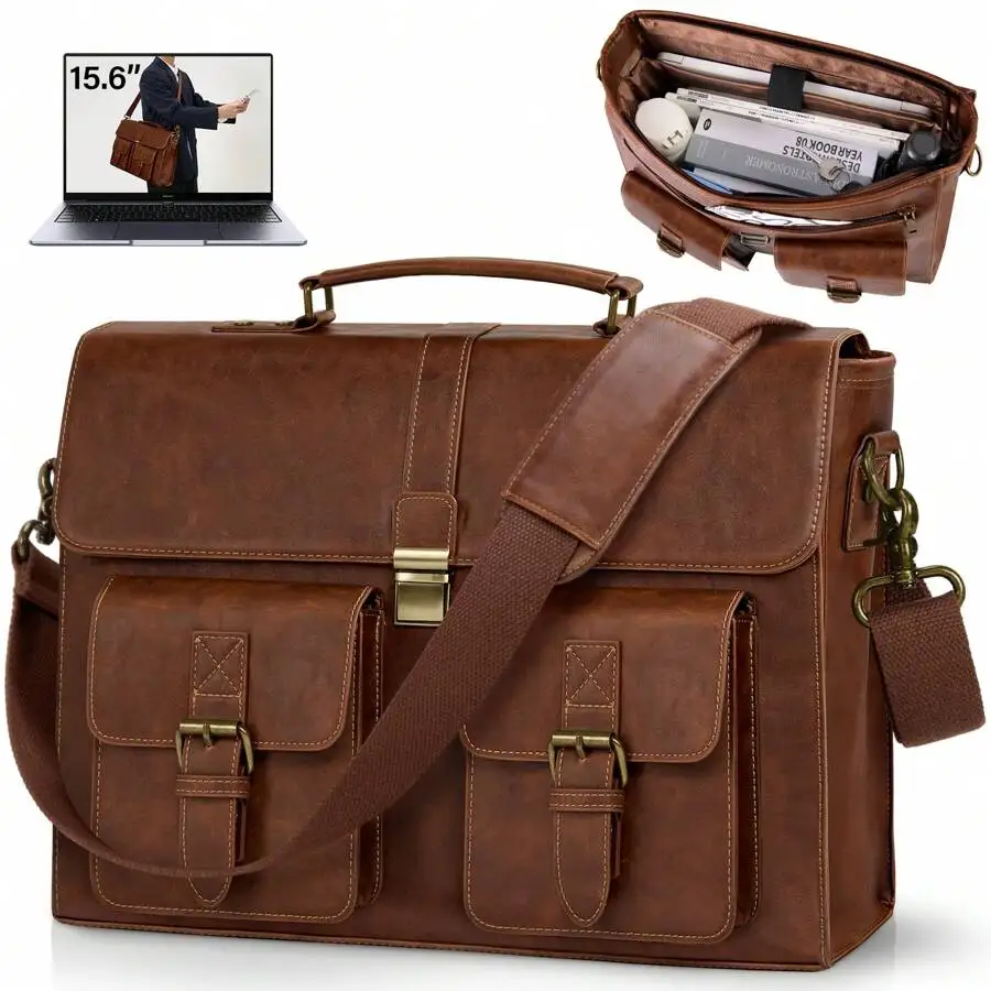  #1 Bestseller Mens Vintage Laptop Bag  15.6" Waterproof PU Leather Messenger  Casual Satchel for Work/College/Travel  Large Capacity Shoulder Bag