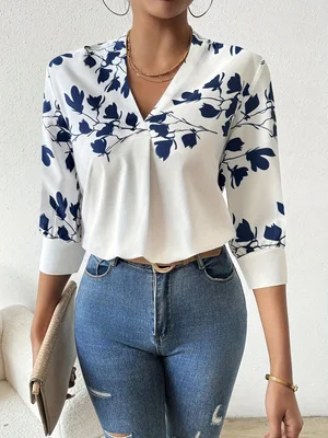 

V-Neck 7/8 Sleeve Commute Shirt Regular Fit Printed Slimming Loose Style for Summer