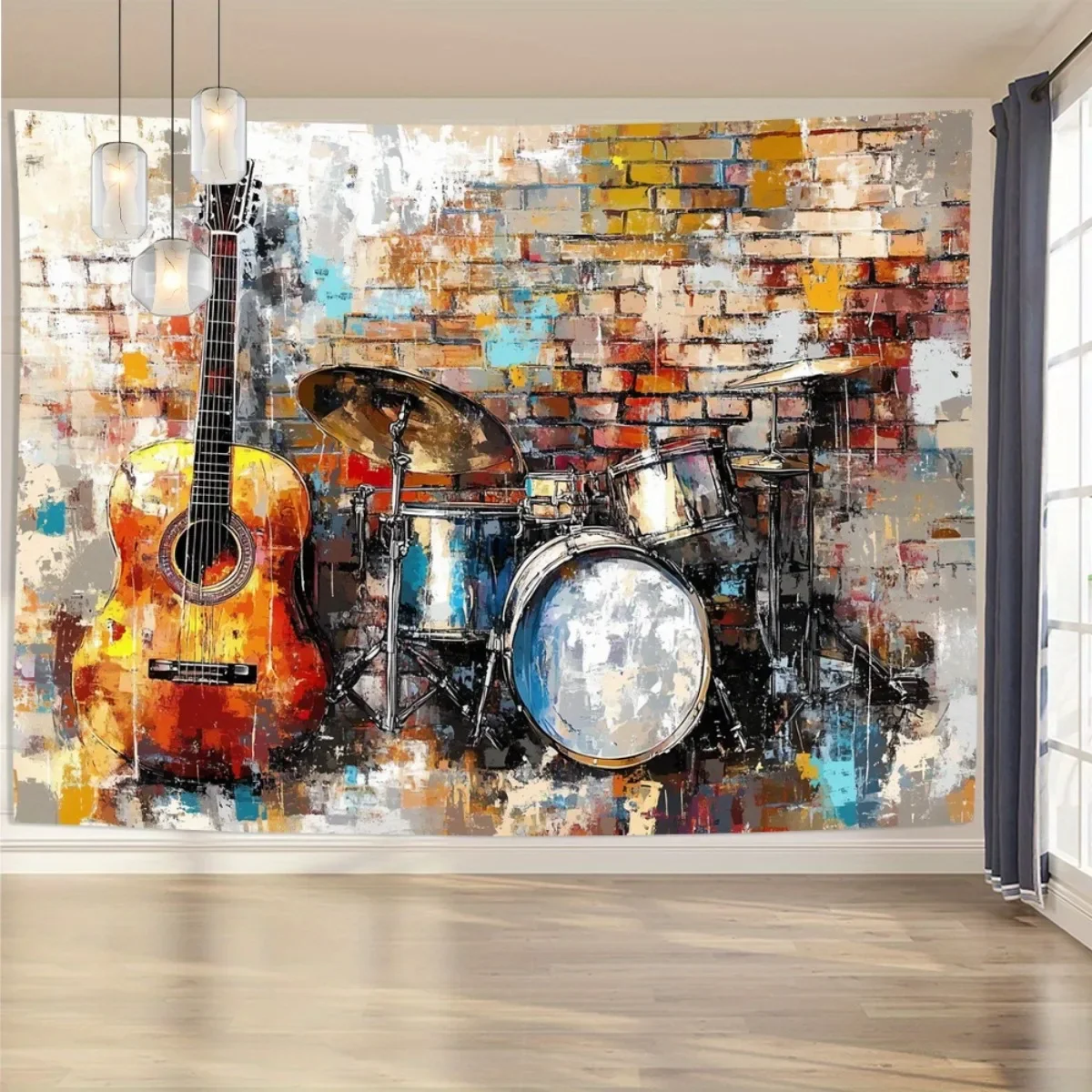 2D Flat, Acoustic Guitar Drum Set Graffiti Brick Wall Tapestry Music Instrument Wall Art Studio Decor Rock Band Background Print