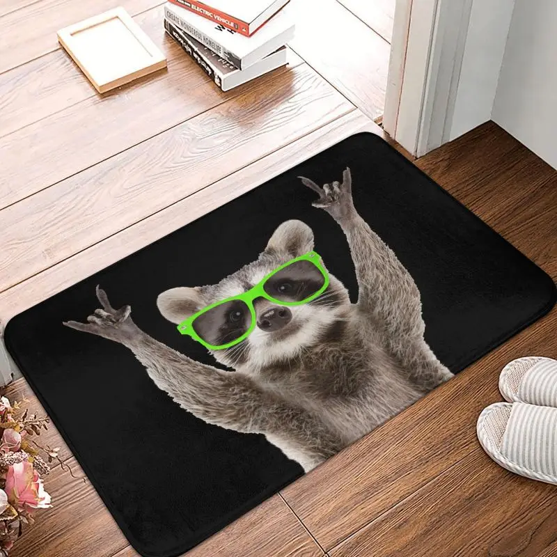 Custom Funny Green Sunglasses Raccoon Doormat Non-Slip Entrance Bathroom Kitchen Door Floor Mats Garage Rug Carpet Footpad