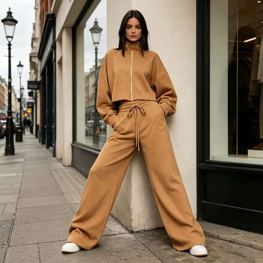 2026 Women Jacket Pants Set for Fall, Stand Collar Zip-Up Jacket & Drawstring Wide Leg Pants, Casual Two Piece Top Trousers Set