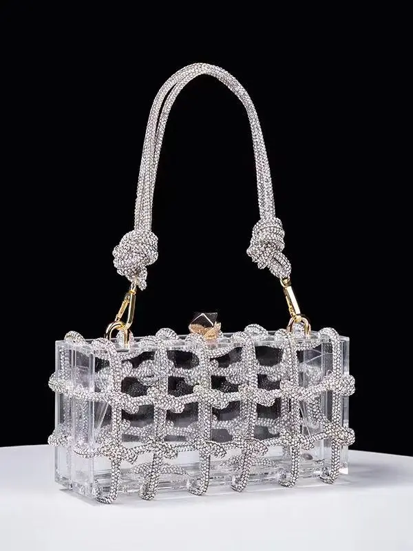 Diamond Clear Acrylic Box Evening Clutch Bags 2023 Women Boutique Woven Knotted Rope Rhinestone Purse and Handbags Wedding Party