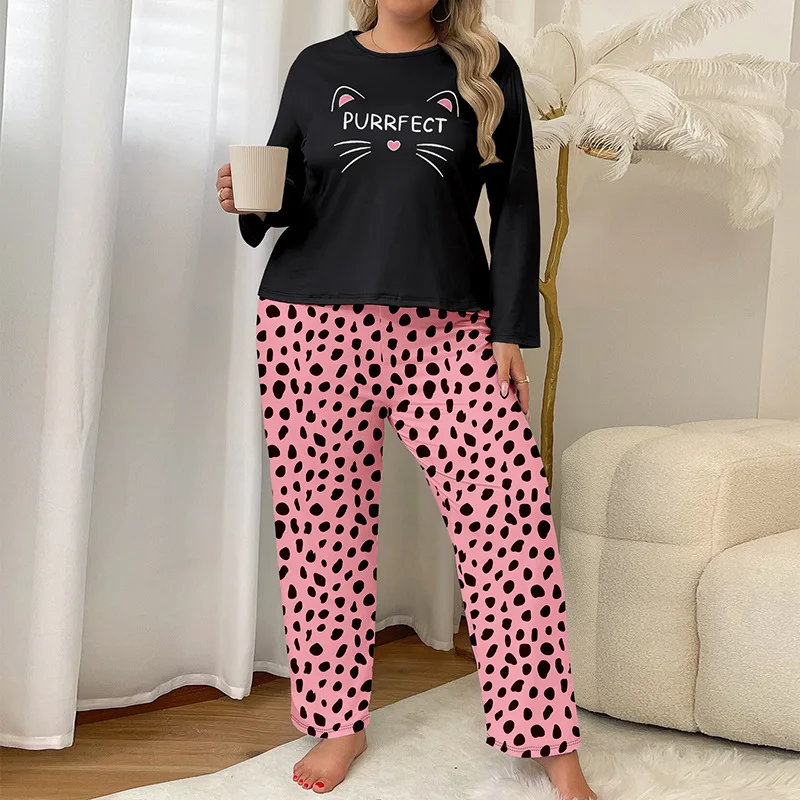 

5XL Plus Size Autumn Pajamas Set Women's Loungewear Cat Print Long-sleeved Trousers Home Clothes Sleepsuit Can Be Worn Outside