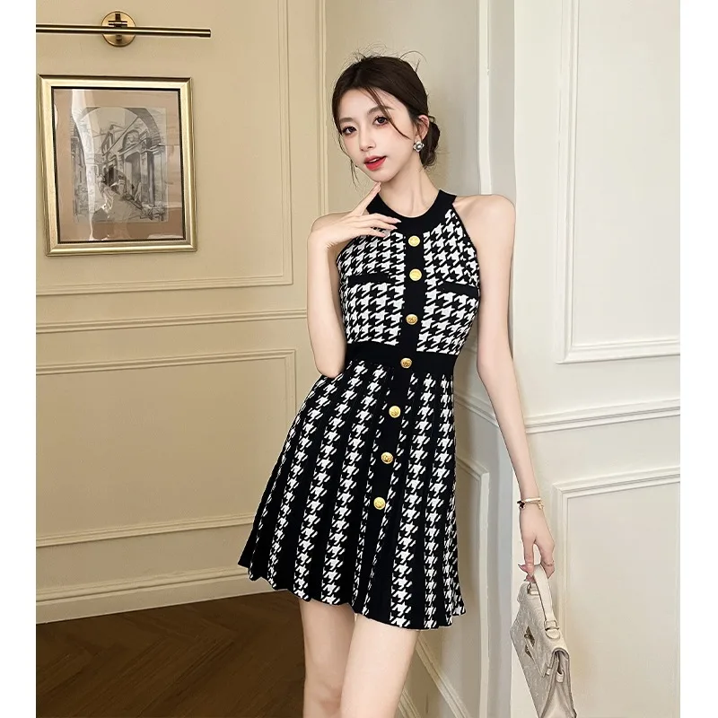 

French Style Hot Girl Halter Neck A-line Dress Women's Summer Slim Fit Black Knitted A-line Dress Fashion Female Clothes