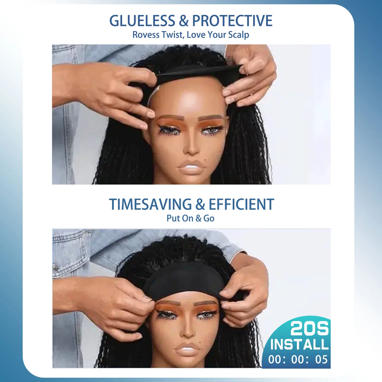 ディープウェーブ人毛ウィッグ　縮れ毛ヘッドバンドウィッグ　アップグレードウィッグ　接着剤不要ドローストリングシームレスクリップイン　女性用フリップオーバー